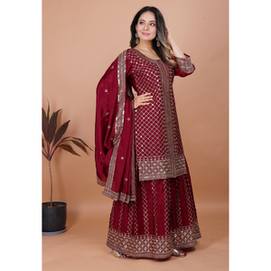 Ensemble haut, palazzo et dupatta en soie Chinon brodée de sequins, tenue ethnique de fête pour femmes, ensemble trois pièces. - Product Image 2