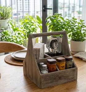 Farmhouse Wooden Utensil Organizer <b>Caddy</b> with Handle Four Compartment Storage for <b>Kitchen</b> Counter Dining Table and Picnic - Product Image 5