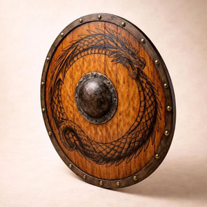 Bouclier rond en bois Viking artisanal, style nordique traditionnel, pour exposition historique et décoration intérieure - Product Image 2
