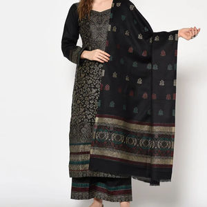 Tela de lana acro negra Safaa sin coser con estola a juego – Conjunto de traje étnico de invierno - Product Image 1