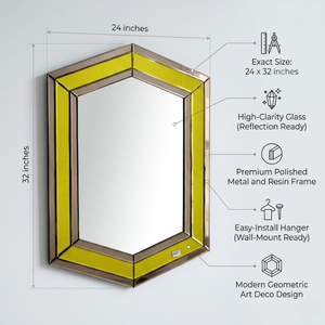Espejo Hexagonal de Diseño Premium de 24x32 Pulgadas | Marco con Patrón Amarillo y Bordes Metálicos | Espejo Decorativo de Pared Moderno para Interiores del Hogar - Product Image 5