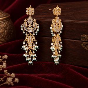 Gold Plated Long Kundan Style <b>Chandelier</b> Earrings with <b>Green</b> Beads and Faux Pearls Bridal Jewelry Manufacturer Bulk Supply - Product Image 6