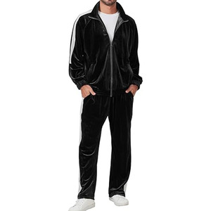 COMFORTABLE CASUAL MEN'S TRACK SUIT | SOLID BLACK VELOUR 2-PIECE OUTFIT | BREATHABLE ZIP JACKET PANTS <b>WHITE</b> <b>PANELING</b> LIGHTWEIGHT - Product Image 1