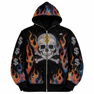 Sudadera con capucha y cremallera completa de algodón polar con estampado gráfico de calavera flameante y pedrería, estilo oversize streetwear, personalizable con marca, suministro de fábrica - Product Image 1