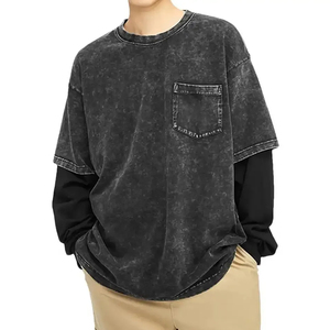 เสื้อยืดแขนยาวผู้ชาย แฟชั่นคอกลม แขนซ้อนทับ สไตล์ลำลองสำหรับฤดูร้อน เนื้อผ้านุ่ม ผสมผสานผ้าฝ้าย ใส่ได้ทุกวัน สตรีทแวร์ - Product Image 1