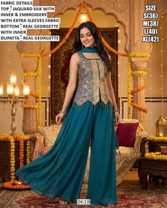 Mehrunnisa - Sharara Largo Hasta el Suelo de Georgette de Seda Bordado con Jacquard Tradicional para Mujer, de Secado Rápido, para Fiestas en Todas las Estaciones - Product Image 1