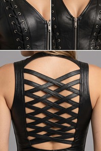 <b>Womens</b> Black Leather Corset Vest V Neck Lace Up Biker <b>Waistcoat</b> - Product Image 2