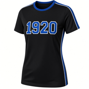 Camiseta Premium Negra Zeta Phi Beta 1920 para Mujer, Camiseta Azul Rey con Número Universitario, Franja Lateral Azul y Blanca, Cuello Redondo - Product Image 1