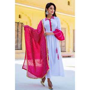 Ensemble Kurta en mousseline de soie blanche Nadiya avec manches longues et dupatta rose, taille XS - Product Image 1