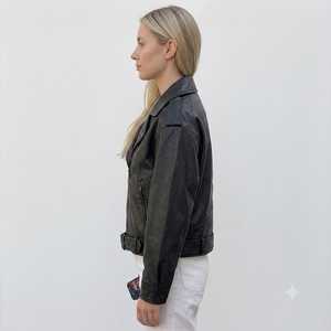 Wholesale Custom Logo <b>Women</b> Black Leather Jacket Streetwear Motorcycle Biker Outerwear OEM Y2K Moto <b>Coat</b> - Product Image 2