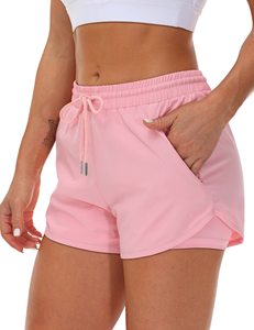 Shorts pour femmes en tissu tricoté rose uni avec cordon de serrage, séchage rapide, style sportif, coupe régulière, taille mi-haute, poches - Product Image 1
