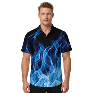 Men's Short Sleeve Button Down <b>Shirt</b> Blue <b>Flame</b> Print Casual Wear Digital Printing Polyester Woven Breathable Style - Product Image 2