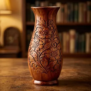 Handcrafted Wooden Flower <b>Vase</b> Decorative Carved Floral Design Tabletop Home Decor - Product Image 5