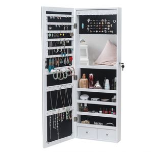Specchio da Parete Bianco a 4 Livelli con 8 Luci LED Blu, 2 Cassetti e Specchio Interno per Gioielli, Cornice in Legno - Product Image 3