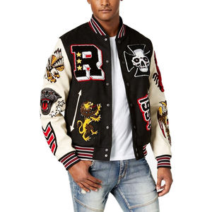 Men's Embroidered Varsity <b>Jacket</b> With Patch Designs Black And Cream Streetwear Style Regular Fit Turn-down Collar - Product Image 3