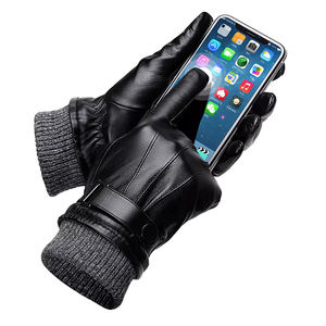 Classic Black Leather Winter Gloves for Men Touchscreen Capable Wool Knit Wrist Cuff and Snap Button Driving & Riding Gloves - Product Image 6
