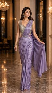 Elegante Sari de Seda Morado con Blusa con Cuentas para Bodas, Estilo Indio-Pakistaní, Largo hasta el Suelo, Corte Regular para Mujer - Product Image 5