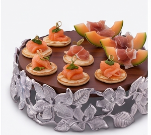 Premium Round Wooden <b>Cake</b> <b>Stand</b> With Silver Floral Base Handmade Serving Tray For Desserts Elegant Tabletop Accent - Product Image 3