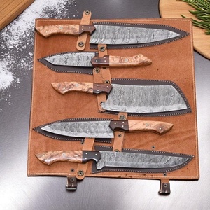 A&M Enterprises Handmade Damascus Steel Chef <b>Knife</b> <b>Set</b> Blades Five-Piece Wood Handle Ambidextrous Leather Sheath Survival <b>Knives</b> - Product Image 3