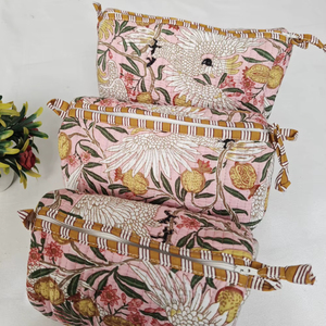 กระเป๋าเครื่องสำอางผ้าฝ้ายพิมพ์ลายดอกไม้สีชมพู ทนทาน มีซิป กระเป๋าอินเดียสำหรับจัดเก็บเครื่องสำอางสำหรับเดินทาง - Product Image 6