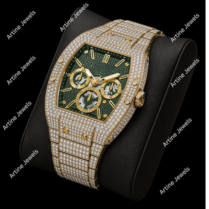 Reloj de hombre con esfera verde y detalles en oro, con incrustaciones de piedras, pantalla multifunción, reloj de lujo para fiestas. - Product Image 3