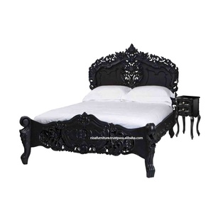 European Design Solid Mahogany Wood <b>Bed</b> Hand Carved Rococo Style for Home Hotel Carving French Bedroom Furniture Black - Product Image 2
