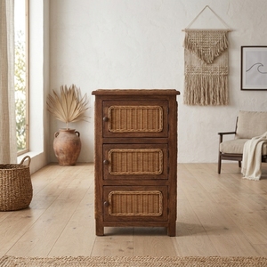 Teak Wood Nightstand Natural Rattan Woven Bedside Table Side Cabinet Storage Drawers Bedroom Living Room Furniture - Product Image 4