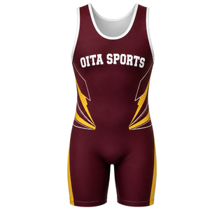 <b>Men</b> Burgundy Yellow Sublimated <b>Wrestling</b> <b>Singlet</b> Sleeveless Polyester Sports Uniform Performance Training Wear Clothing - Product Image 2