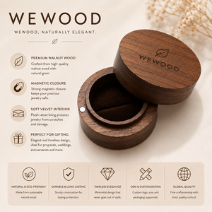 WEWOOD OEM Luxury Round Walnut Wooden Magnetic Closure Engraved Engagement <b>Ring</b> Box with Soft Velvet Lining - Product Image 2