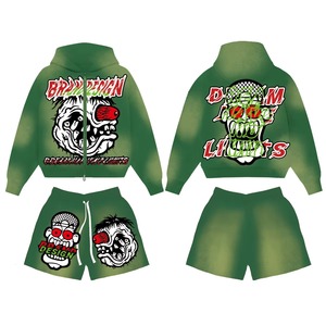 Custom Logo Acid Wash <b>Zip</b> Up <b>Jacket</b> Shorts Set Vintage 2 Piece Tracksuit <b>Men's</b> Streetwear OEM ODM Wholesale - Product Image 1