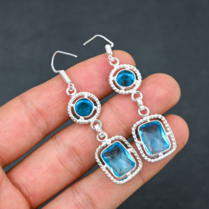 Pendientes Personalizados de Plata de Ley con Bisel Octogonal de Topacio Azul de Londres Creado en Laboratorio, 10x14 mm, Chapados en Plata, 1.90, Regalo para Fiestas - Product Image 4