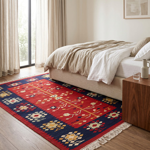 Alfombra de Lana con Medallón Geométrico Rojo Marino, Estilo Moderno, Antideslizante, Ecológica, Hecha a Mano, con Flecos, para Sala de Estar o Dormitorio - Product Image 3