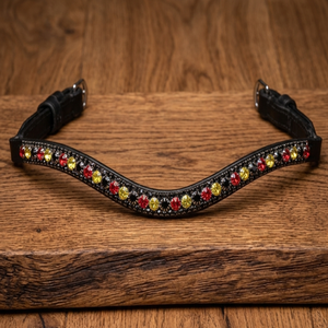 Diadema de cuero negro inglés con forma curva, incrustaciones de diamantes y cristales multicolor de tres filas personalizadas. - Product Image 5