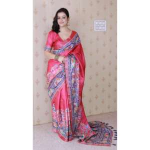 Sari en soie Tussar rose avec bordure tissée Zari à motifs floraux, robes de soirée élégantes, tissages d'élite à partir de 500g - Product Image 5