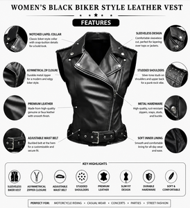 <b>Women's</b> <b>Black</b> Stylish Genuine Leather Skull Pattern Studs Zipper Closure Premium Biker Motorcycle <b>Waistcoat</b> Custom OEM Wholesale - Product Image 3