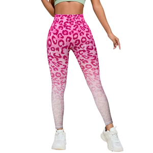 High Waisted Pink <b>Leopard</b> <b>Print</b> <b>Leggings</b> Full Length Four-Way Stretch Spandex Polyester Yoga Wear Women's Activewear - Product Image 3