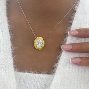 Luxury Oval Cut Diamond Halo <b>Pendant</b> Necklace with Yellow Diamond Accents in White <b>Gold</b> Elegant Statement Jewelry Gift for Women - Product Image 2