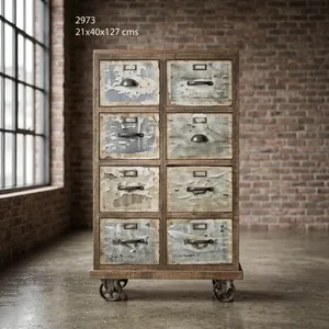 Industrial Wooden Iron Cabinet <b>on</b> <b>Wheels</b> Vintage Rolling Storage <b>Chest</b> 08 <b>Drawer</b> Rustic Metal Filing Organizer Furniture - Product Image 5