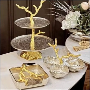 Luxury <b>Hand</b>-<b>Cast</b> Metal Pedestal Bowl Hammered Bark Texture Fruit Dish with Gold Branch Handle Decorative Centerpiece Living Room - Product Image 5