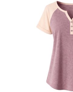 T-shirt pour femme en coton doux, couleur beige rose poudré, manches courtes, col Henley, coupe raglan, décontracté, respirant, confortable, idéal pour l'été et le quotidien - Product Image 3