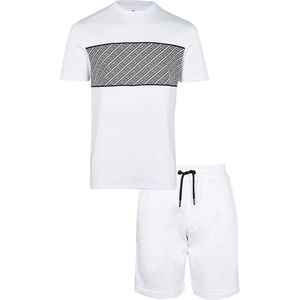 Men White Cotton T-Shirt With Geometric Print Crew Neck Casual Summer Short Sleeve Top Set - Product Image 5