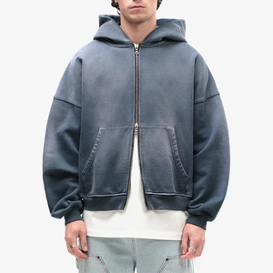 Sudadera con capucha para hombre, con cremallera, efecto desgastado por el sol, de algodón grueso, corte cropped y holgado, lavado vintage, estilo streetwear, OEM - Product Image 1