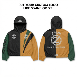 เสื้อแจ็คเก็ตกันลมผู้ชาย โพลีเอสเตอร์ 120 GSM สีดำ-เขียวมัสตาร์ด ตัดต่อสีแบบ Color Block พิมพ์ลายแบบ Sublimation ปักโลโก้ตามสั่ง - Product Image 1