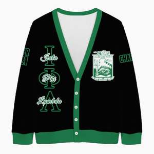 Cardigan tricoté personnalisé pour femmes Iota Phi Lambda, noir et vert émeraude, avec lettres, blason, numéro et année, boutonné sur le devant - Product Image 5