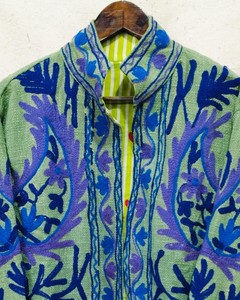 Floral Embroidered <b>Mandarin</b> <b>Collar</b> <b>Jacket</b> Full Sleeve Women's Cotton Handmade Spring Open Front Prairie Chic Style - Product Image 3