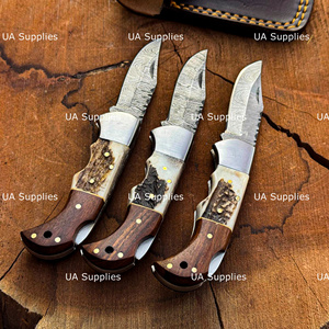 Couteau pliant personnalisé en acier Damas forgé à la main, manche en corne de cerf, verrouillage arrière, couteau de poche pour la chasse en extérieur, EDC, pointe clip, directement de l'usine - Product Image 3