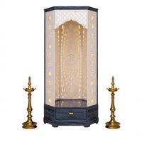Mandir d'angle en bois haut de gamme avec motif OM, Pooja Ghar contemporain avec rangement inférieur, unité de prière pour salle de prière, en promotion au Royaume-Uni