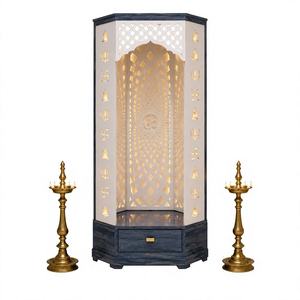 Premium Wooden Corner Pooja <b>Mandir</b> with OM Design Contemporary Pooja Ghar with Bottom Storage Puja Unit For Prayer Room UK Sale - Product Image 2