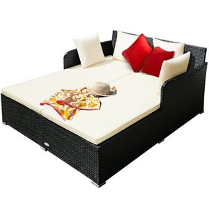 Divano Letto da Esterno in Rattan Bianco con Comodi Cuscini Imbottiti per Divani da Giardino - Product Image 1