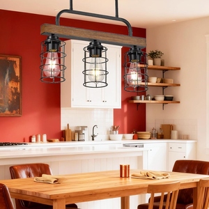 Industrial <b>Kitchen</b> Island Pendant Light Rustic Wood and Black Metal Hanging Ceiling <b>Lamp</b> Farmhouse Linear Chandelier with Cage - Product Image 6